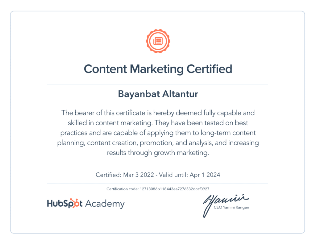 hubspot content marketing certificate