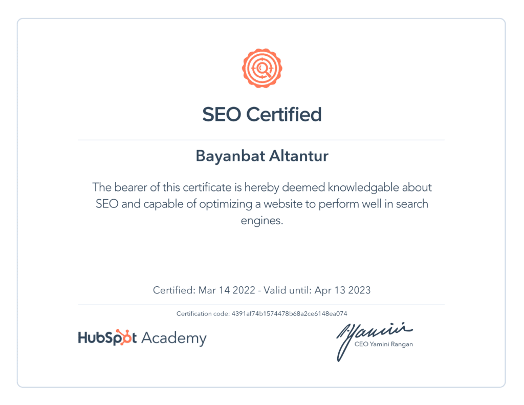 SEO certificate by hubspot